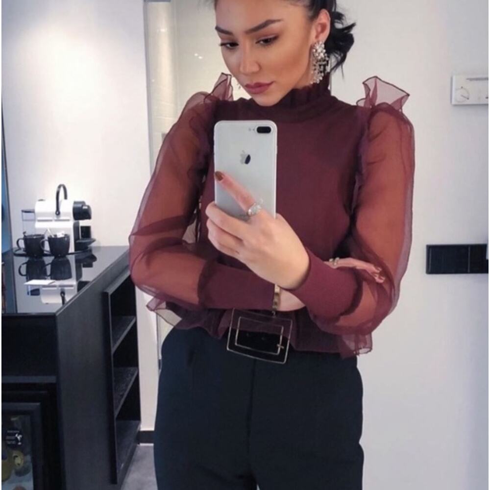 ZARA Women's Burgundy Organza Ruffle Blouse Small Glam Longsleeve Maroon